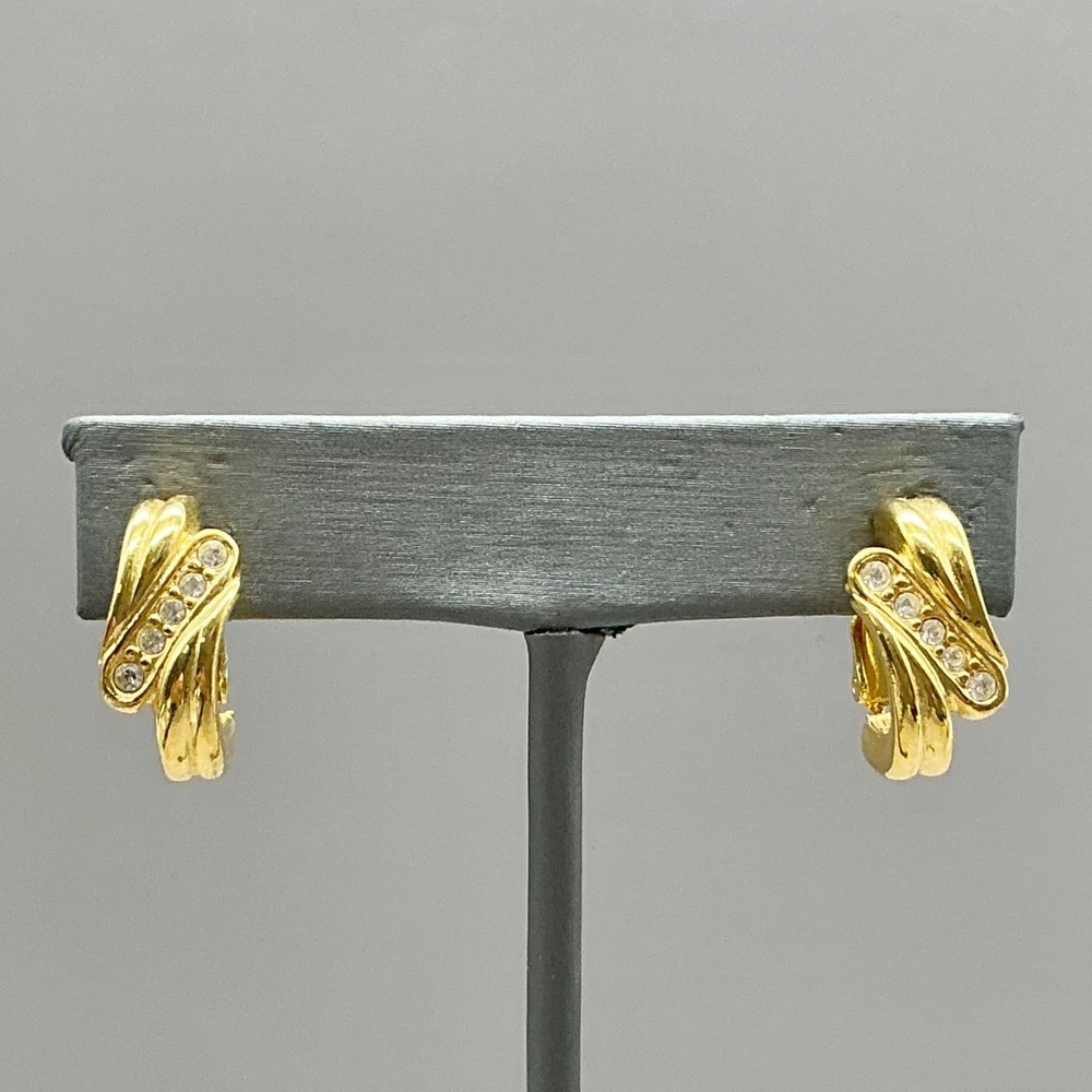 Clip On Hoop Earrings Women Gold Tone Rhinestone Accented Ribbed Swirl Design